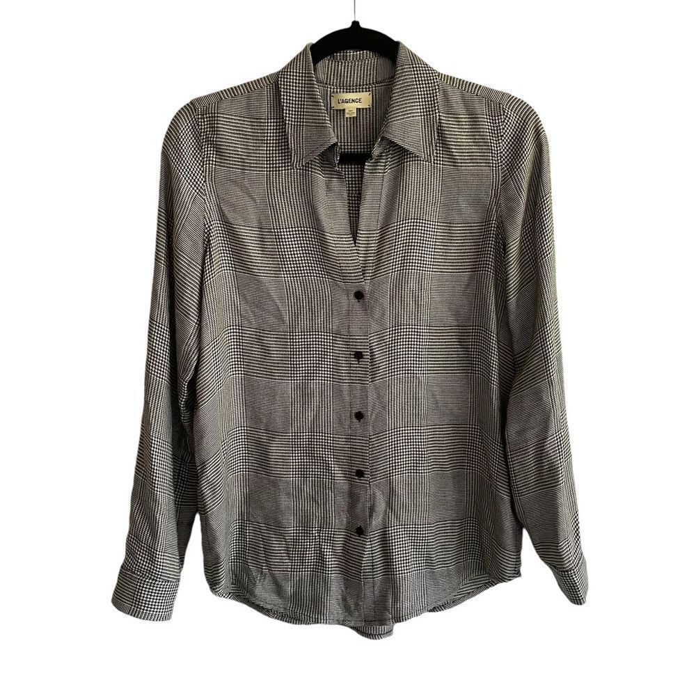 L’AGENCE Checked Button Front Long Sleeve Blouse Black Cream XS